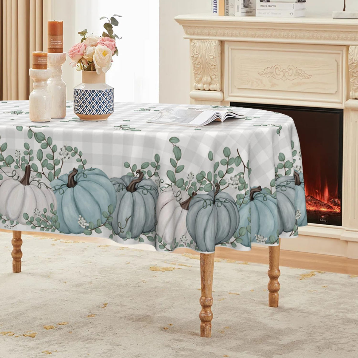 Horaldaily Fall Tablecloth 60x84 Inch Rectangular, Thanksgiving Autumn Harvest Blue Pumpkin Buffalo Plaid Table Cover for Party Picnic Dinner Decor