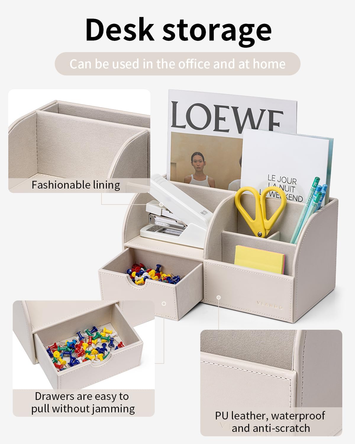 VLANDO Office Desk Organizer Leather Desktop Organizer Caddy with Drawer for Storing Desktop Supplies and Accessories (White)