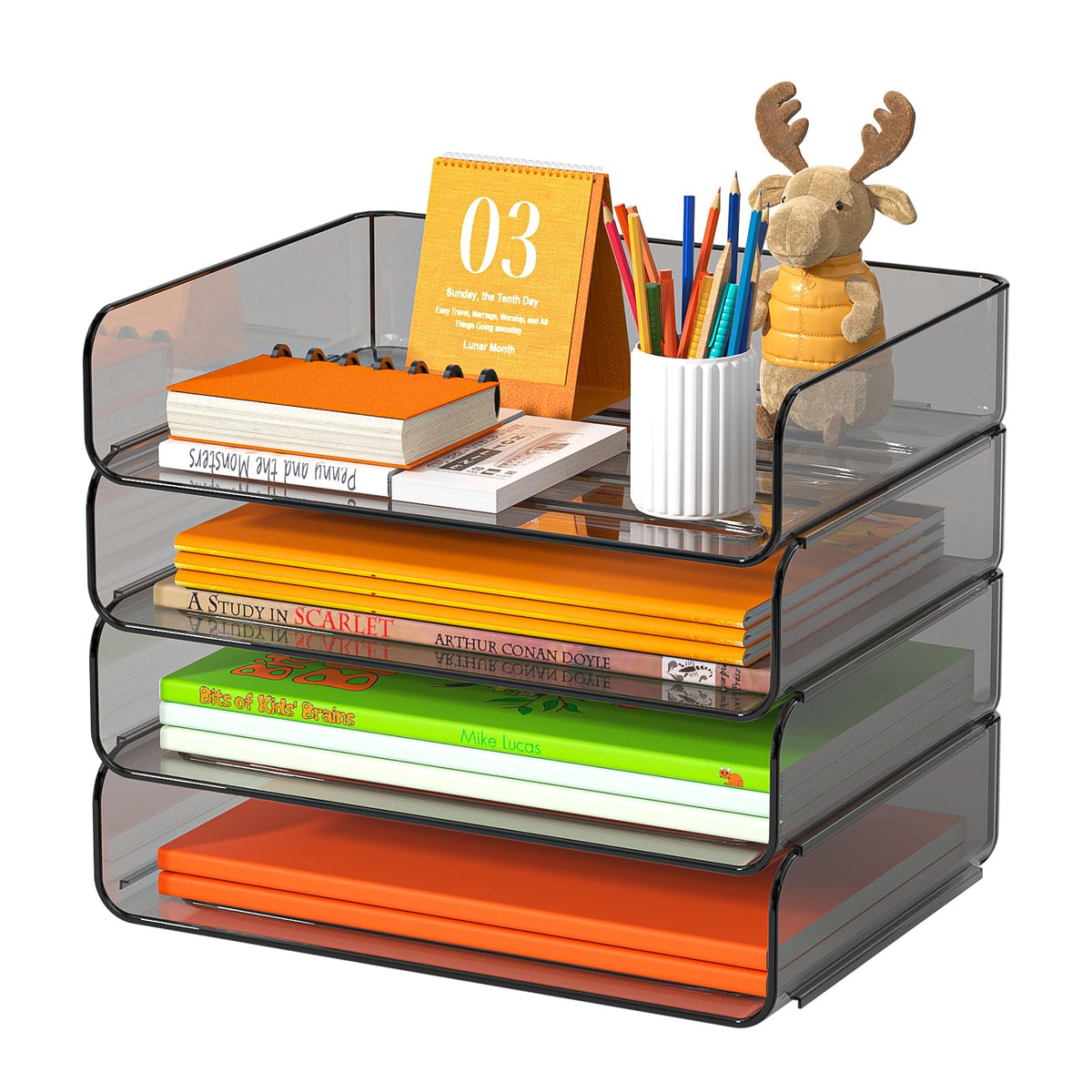 FANXIYQ 4-Tier Acrylic Paper Tray Organizer, Clear Stackable Desk File Organizer for Documents, Files, Letters, A4 Paper, Books, Notes, Mail & Paper Storage, Office Classroom Home