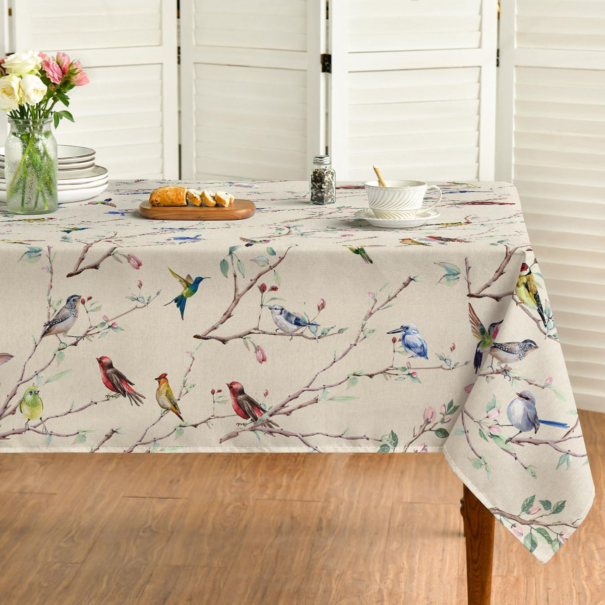 Horaldaily Spring Tablecloth 60 x 84 Inch Rectangular Birds Branch Beige