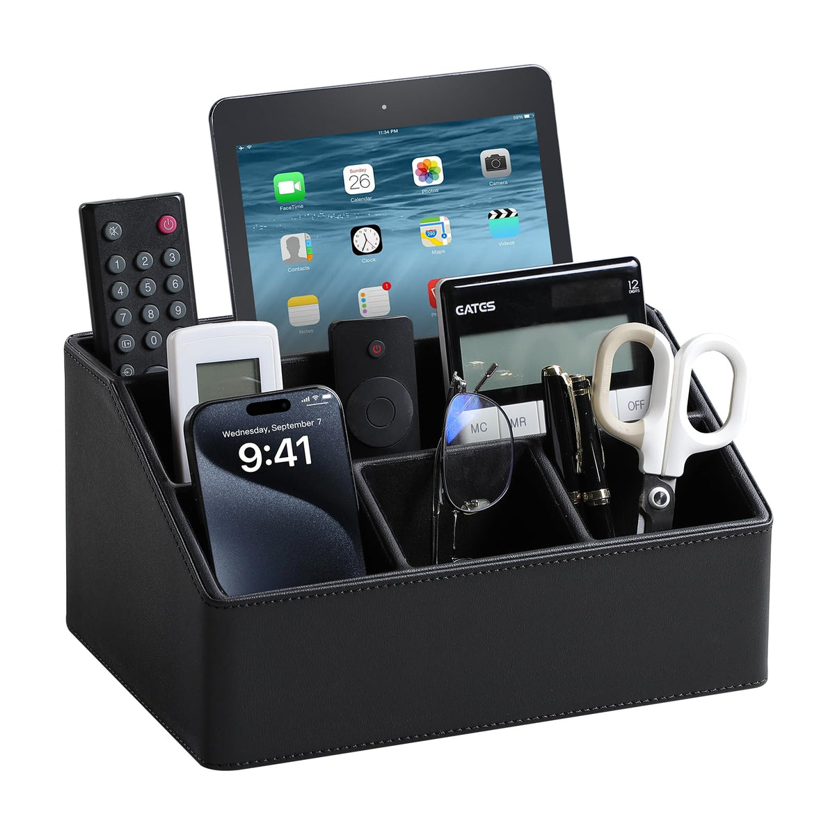 PU Leather Desk Organizer, Remote Control Holder (Brown)