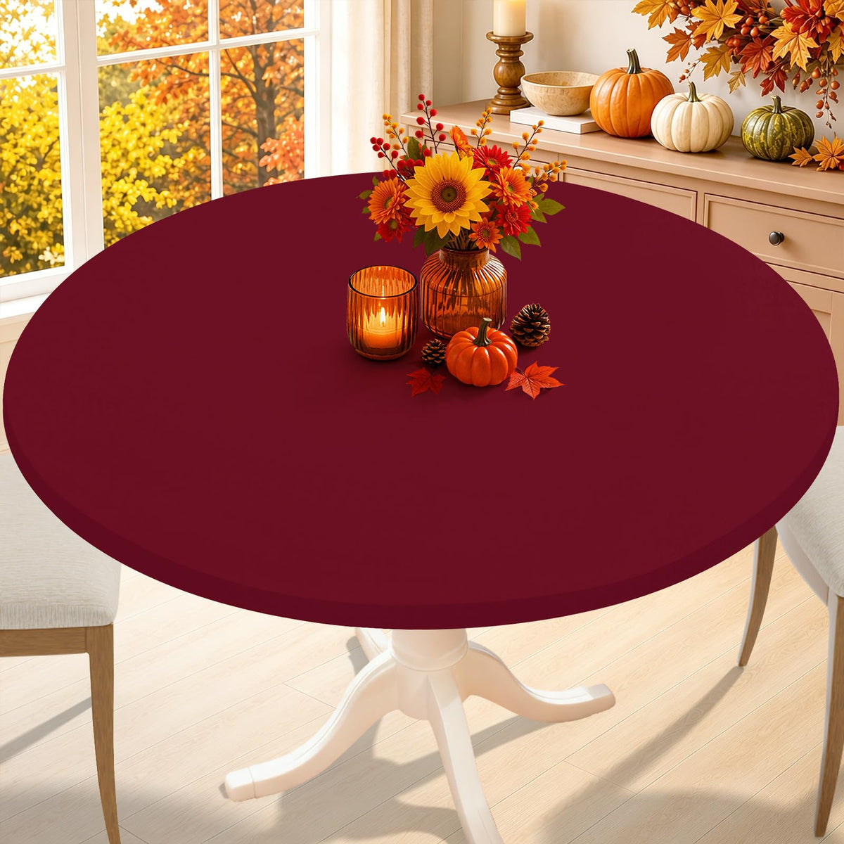 Smiry Thanksgiving Round Spandex Tablecloth, Fitted Cover for 36"-44" Table