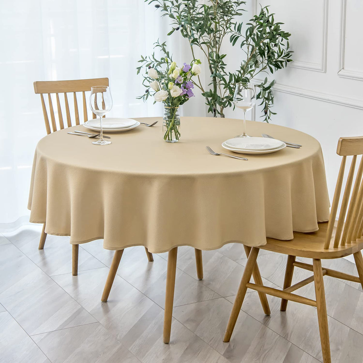 maxmill Rectangle Textured Tablecloth Waterproof Spillproof Wrinkle Free Table Cloth, Kitchen Dining Tabletop Decoration, Fabric Table Cover for Outdoor and Indoor Use, 52 x 70 Inch, Beige