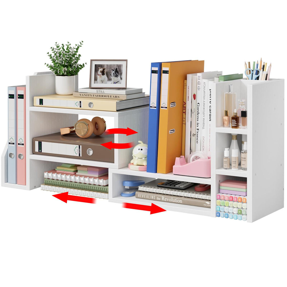 Wood Desk Organizers and Accessories with Drawer - White 3 Tier Paper Tray and Desktop Storage Caddy for Office Supplies, Slanted File Folder Holder and Pen Cup, Dorm Essentials for School
