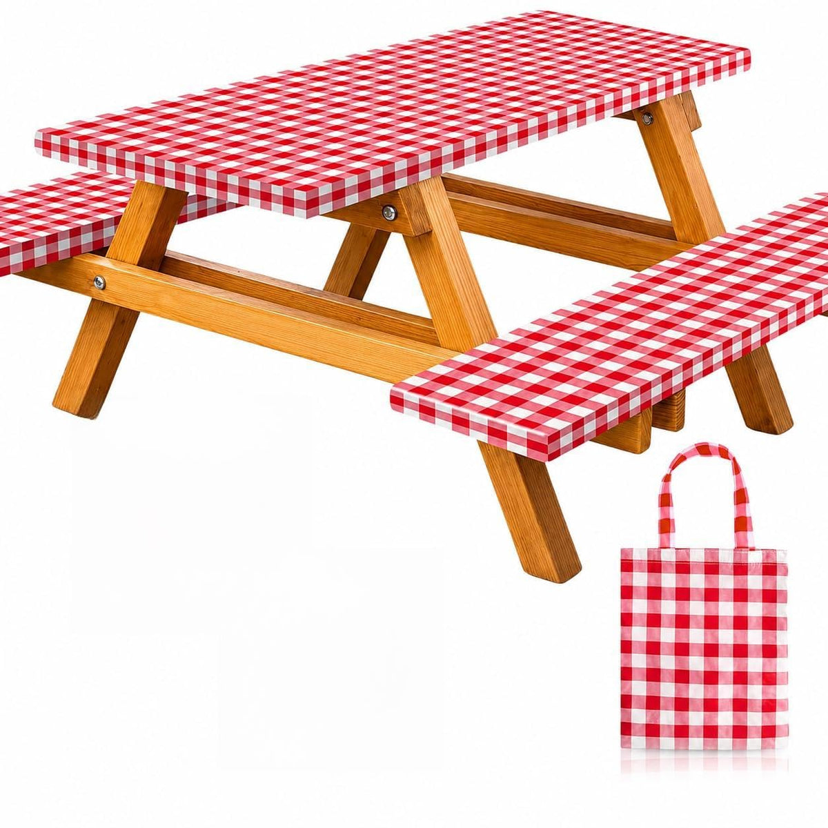 RNOONY Vinyl Fitted Picnic Table Cover with Bench Covers & Bag, 6 FT Outdoor Waterproof & Windproof Durable Tablecloth with Elastic Edges, Camping Essentials, RV Gear, 72x30 Inches - Black Checkered