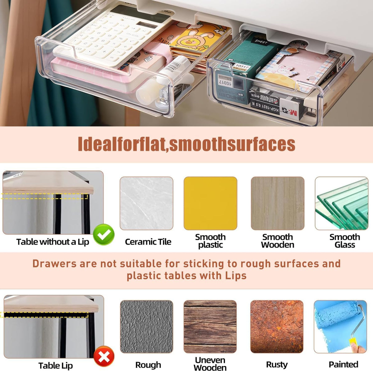 TooCust 2 Pack Under Desk Storage Drawers Slide Out-Drill-On or Self-Adhesive,Large&Medium Drawer Under Desk Organizer Under Table Drawer for Home Office School Organization and Storage