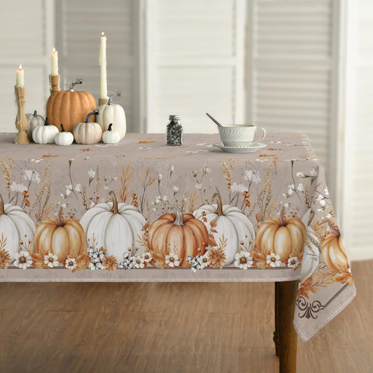 Horaldaily Fall Tablecloth 52 x 70 Inch Rectangular White Orange Pumpkin