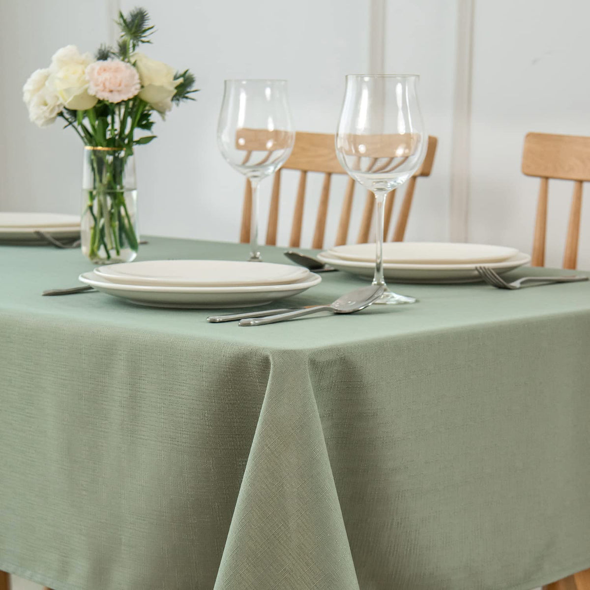 maxmill Rectangle Slubby Textured Tablecloth Waterproof Spillproof Wrinkle Free Table Cloth, Kitchen Dining Room Decoration, Fabric Table Cover for Holiday Party Dinner, 52 x 70 Inch, Sage Green