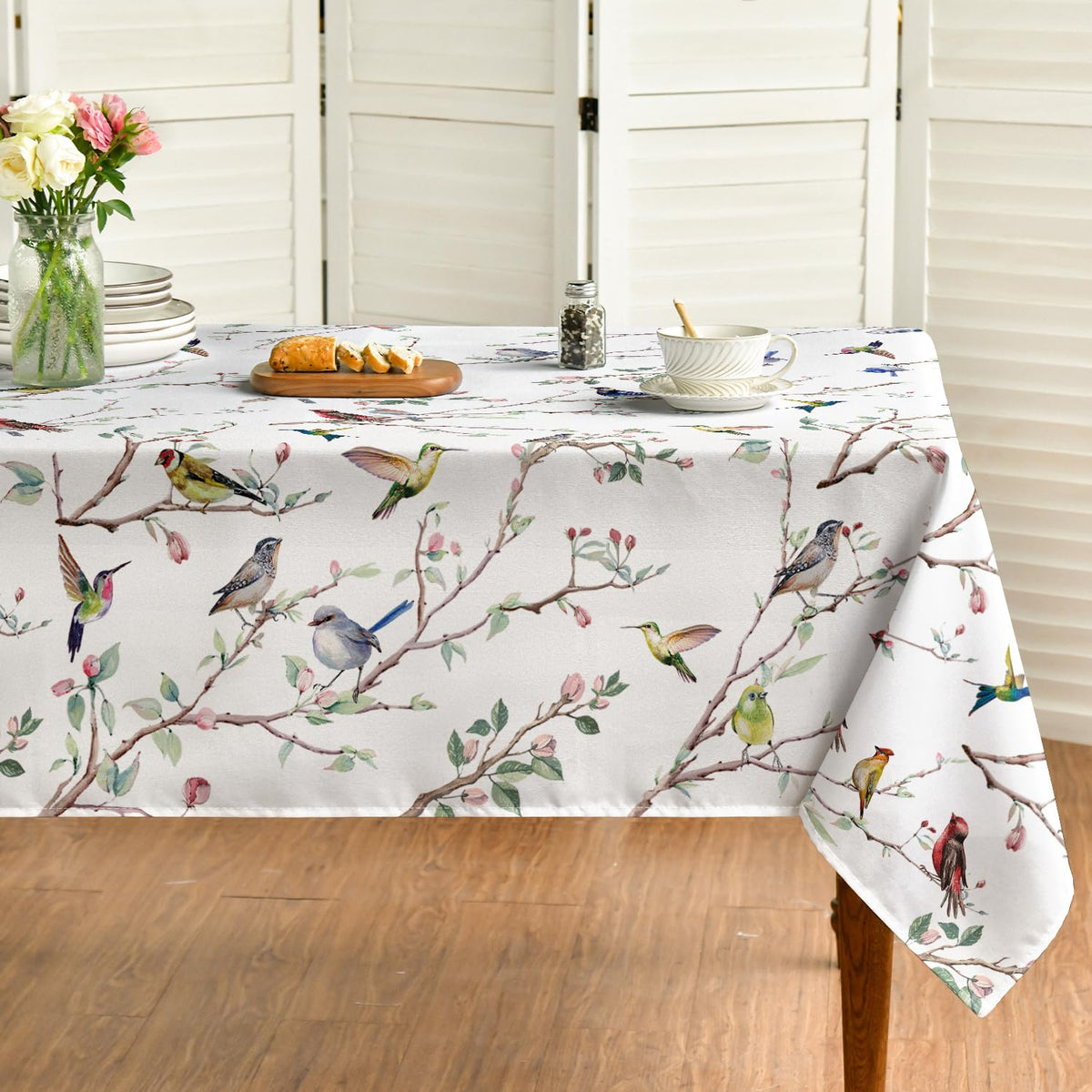 Horaldaily Spring Tablecloth 60 x 84 Inch Rectangular Birds Branch Beige