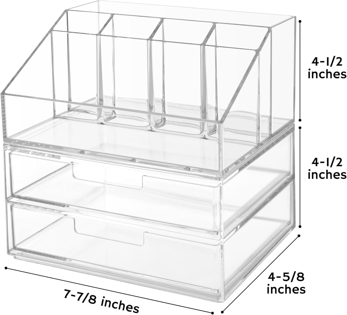 STORi Stackable Desk and Drawer Organizer, Clear, 6 Compartment Organizer with 2 Wide Drawers