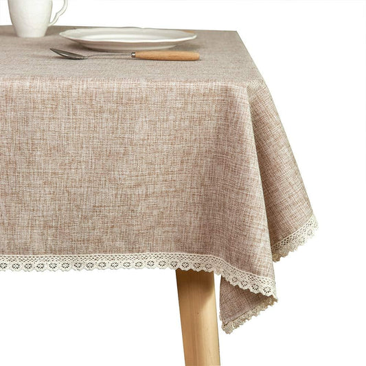 GLORY SEASON Linen Rustic Burlap Washable Tablecloth,Solid Heavy Weight Tan 55 x 70 Rectangle Overlay Lace Edge Table Cover for Kitchen Dinning Decoration