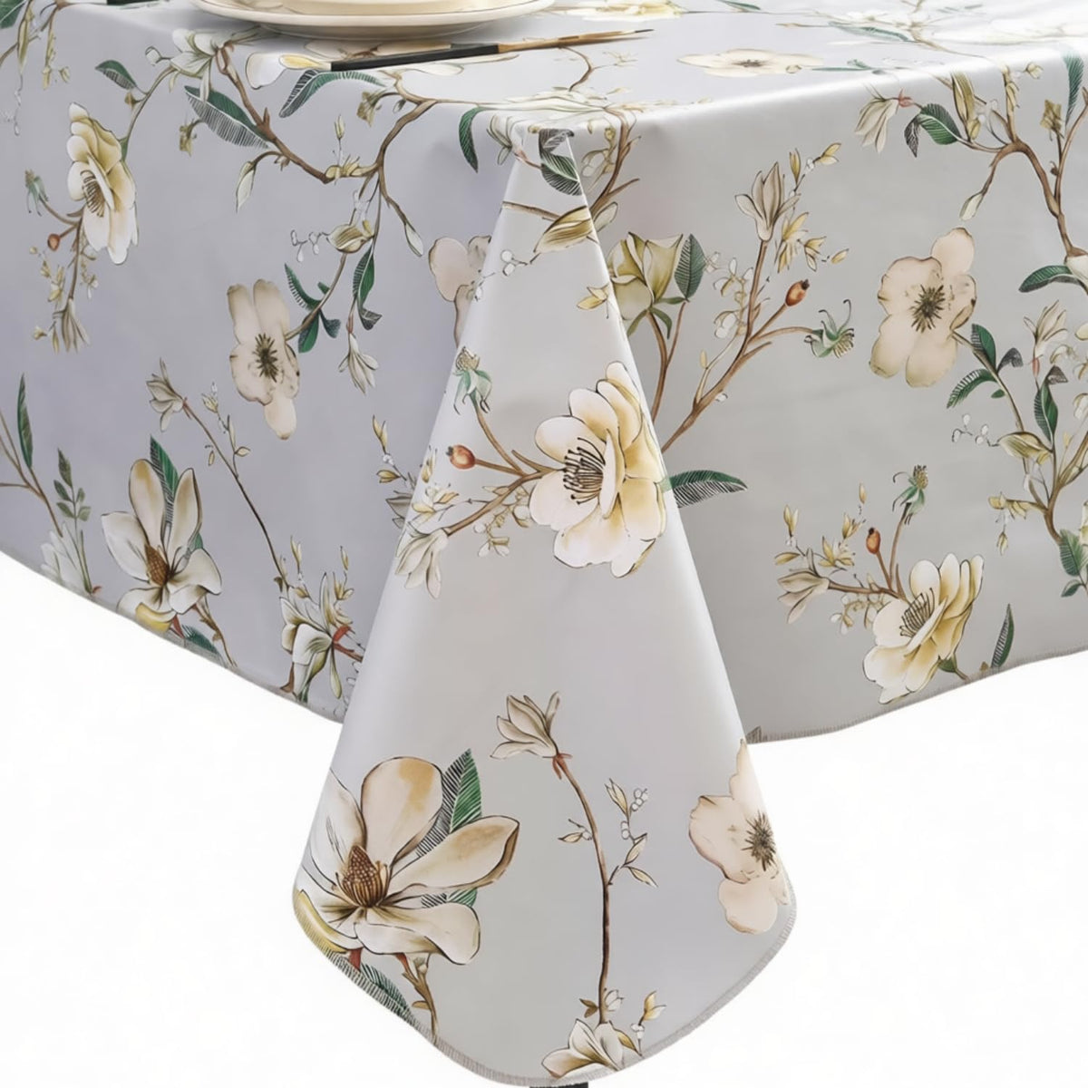 Pioggia Vinyl Tablecloth with Flannel Backing - Waterproof, Oil-Proof, Easy to Clean -Plastic Table Cloth - Perfect for Dining Tables, Kitchen Tables, Parties (Beige Flower, 54×72 Inch Rectangular)