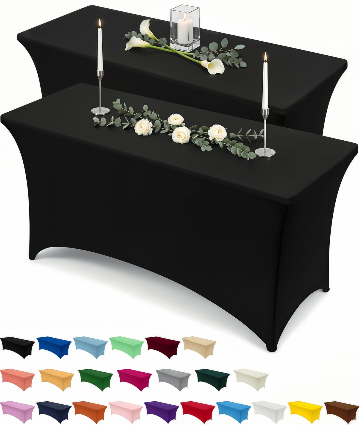 Utopia Kitchen Spandex Table Cloth 2 Pack [8FT, 96Lx30Wx30H Inch, Black]