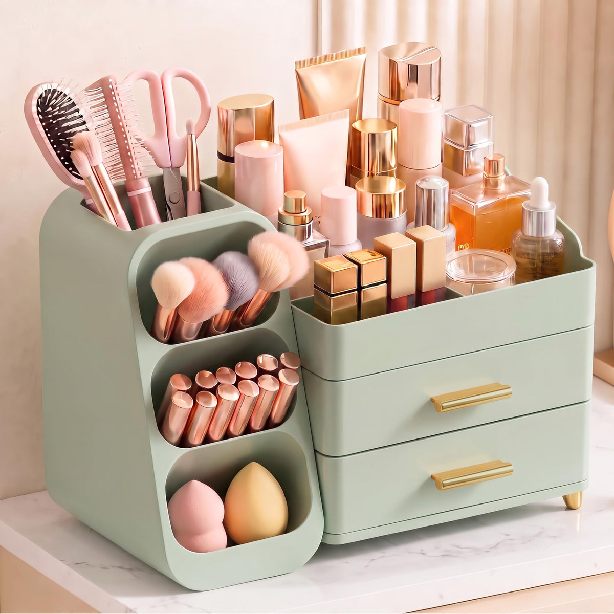 Large Capacity Makeup Organizer Countertop with Makeup Brush Holder for Vanity, Thickened Material, Bathroom Countertop Organizer Skin Care Perfumes Storage, Teen Girl Gifts for 12-23 Year