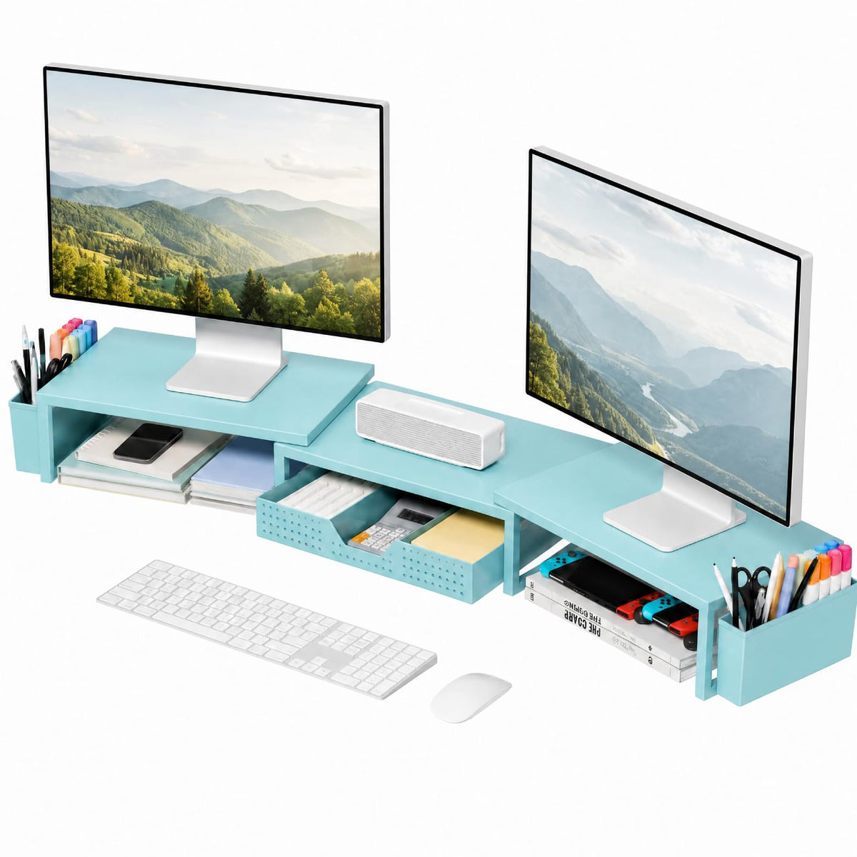 OPNICE Desk Organizers and Accessories, Dual Monitor Stand Riser with Drawer and 2 Pen Holders, Desk Shelf Computer Racks & Printer Stand for Office Workspace Organizers, Desktop Organization (Purple)