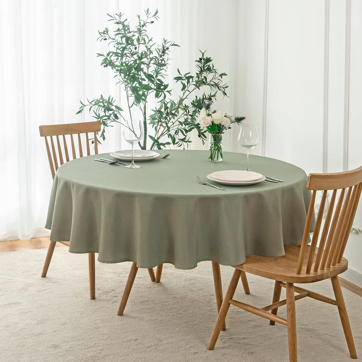 maxmill Rectangle Slubby Textured Tablecloth Waterproof Spillproof Wrinkle Free Table Cloth, Kitchen Dining Room Decoration, Fabric Table Cover for Holiday Party Dinner, 52 x 70 Inch, Sage Green