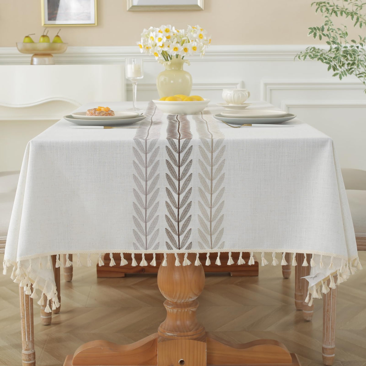 Alsoo Fall Tablecloth Rectangle Linen Style, Rustic Boho Farmhouse Outdoor Waterproof Cotton Table Cloth Wrinkle Free for Picnic Camping Party Kitchen Dining (Coffee Lines, 4-6 Seats, 55x75 Inches)