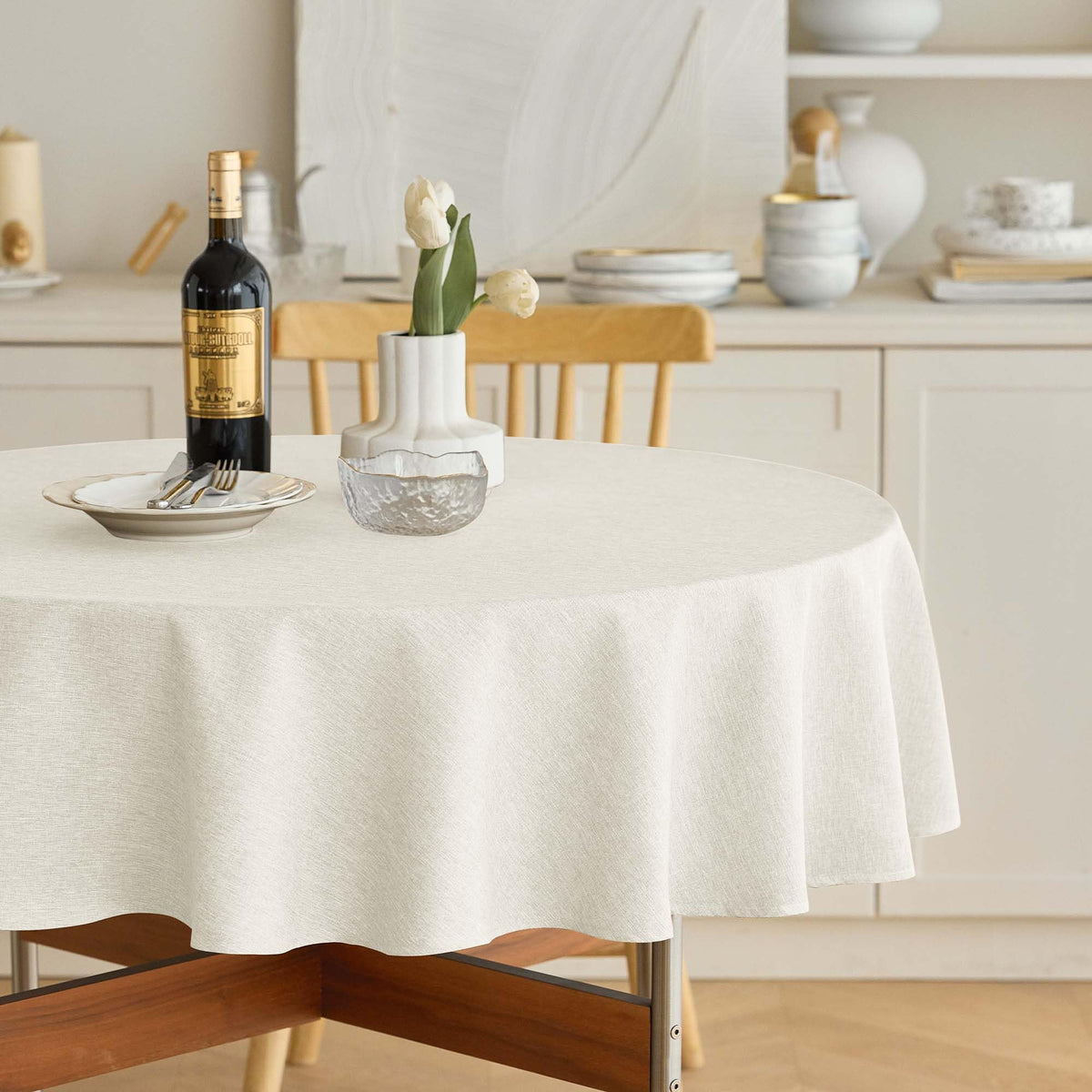 Decorelia Waterproof Round Tablecloth for Round Dining Table, Decorative Rustic Soft Wipeable Table Cloths Cover Indoor Outdoor Use for Holiday,Wedding, Kitchen (70 Inch,Round (4-6 Seats),Beige)