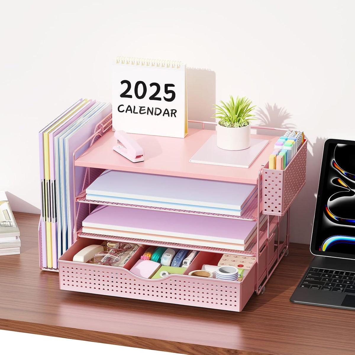 Wood Desk Organizers and Accessories with File Holder & Catalog Racks