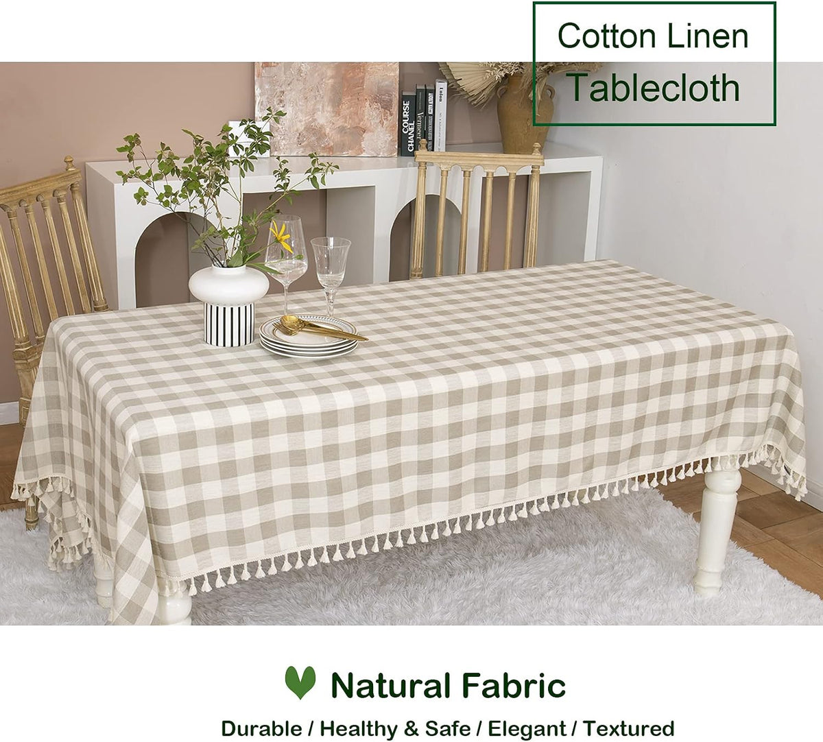 Midsummer Breeze Farmhouse Gray Khaki Gingham Tablecloth Rectangle 55”x70”