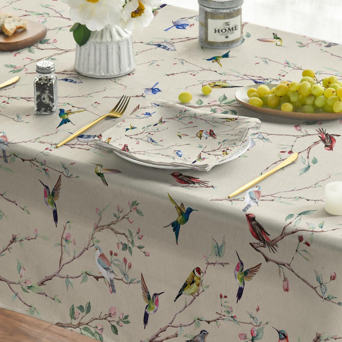 Horaldaily Spring Tablecloth 60 x 84 Inch Rectangular Birds Branch Beige