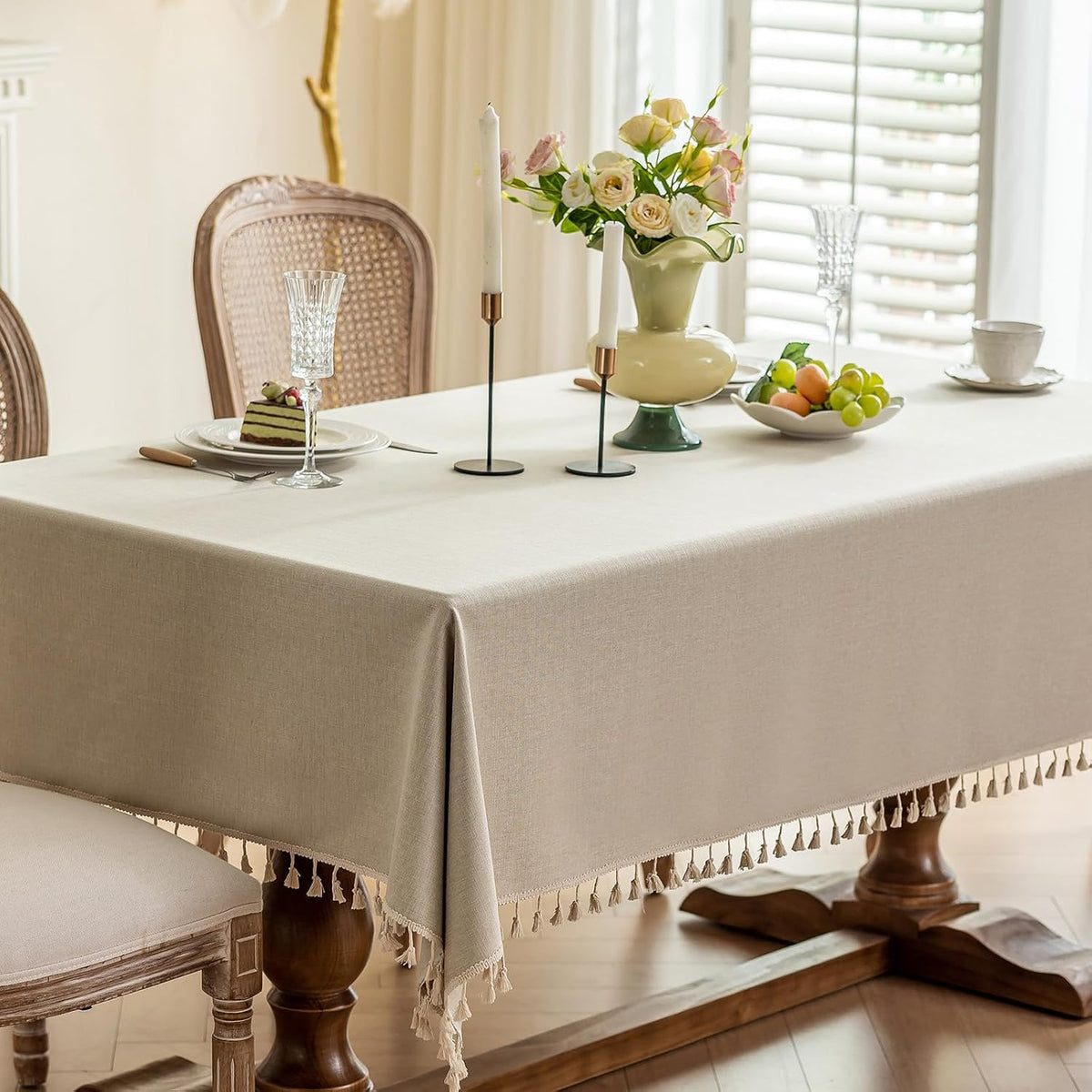 Heavyweight Polyester Square Tablecloth with Tassels, Warm Beige, 55 x 55