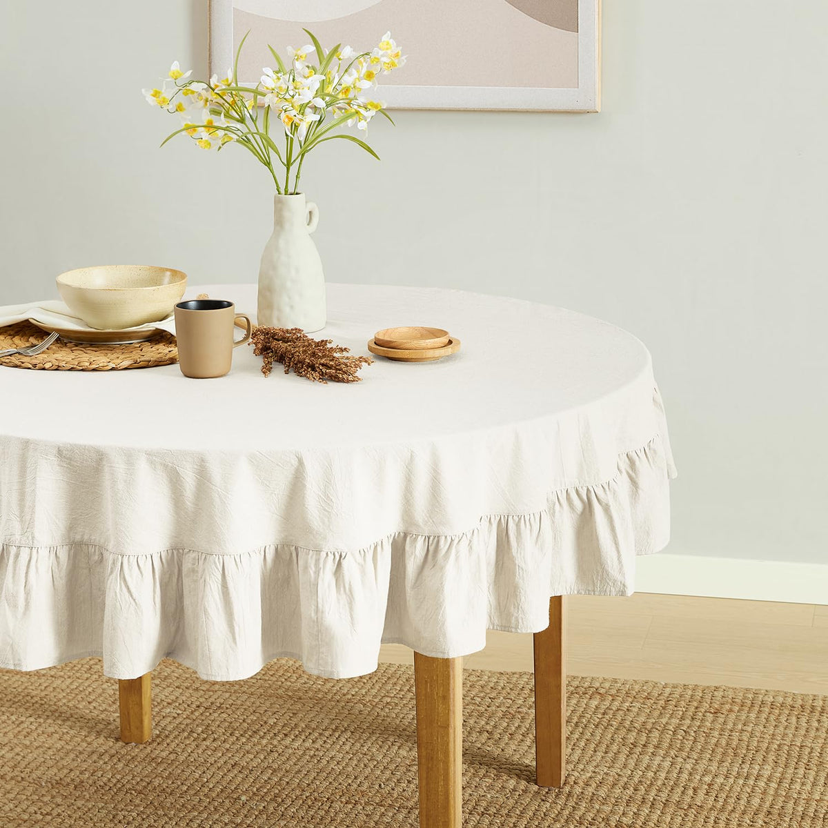 MONDAY MOOSE Ruffle Farmhouse Rustic Rectangle Natural Stonewashed Cotton Tablecloth for Kitchen, Dining Room, Restaurant (60x86 inch, Teal Green)