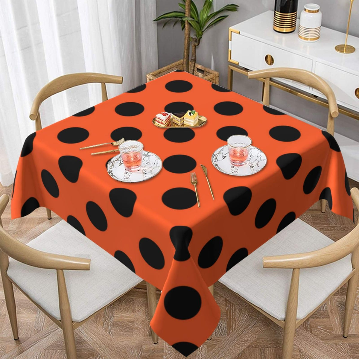 Square Tablecloth Black Polka Dots on Red Table Cover Washable Table Cloths for Kitchen Dinning Party Tabletop Modern Decoration 60 x 60inch