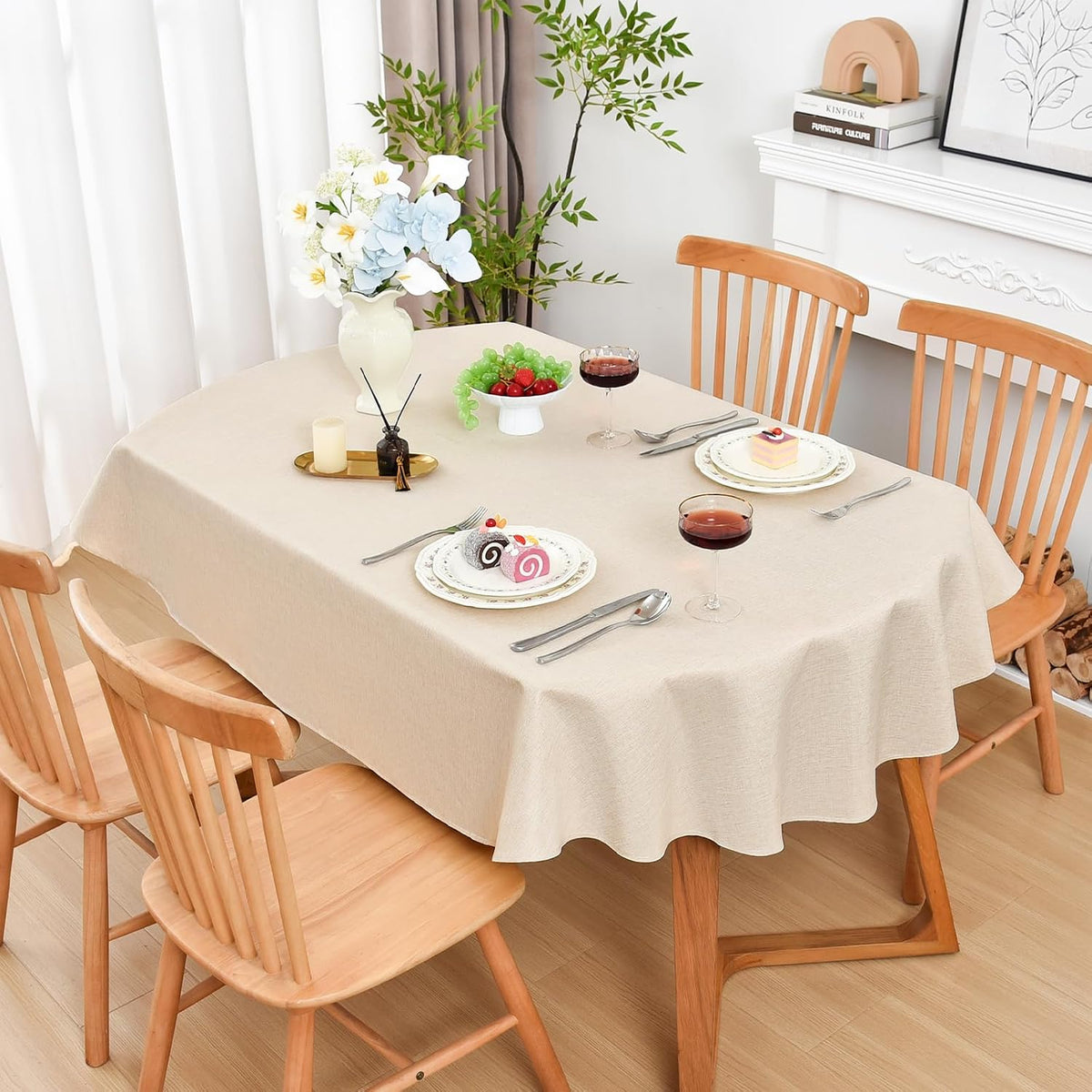 Wolkemer Oval Tablecloth 60 x 84 Inches Faux Linen Water Resistant