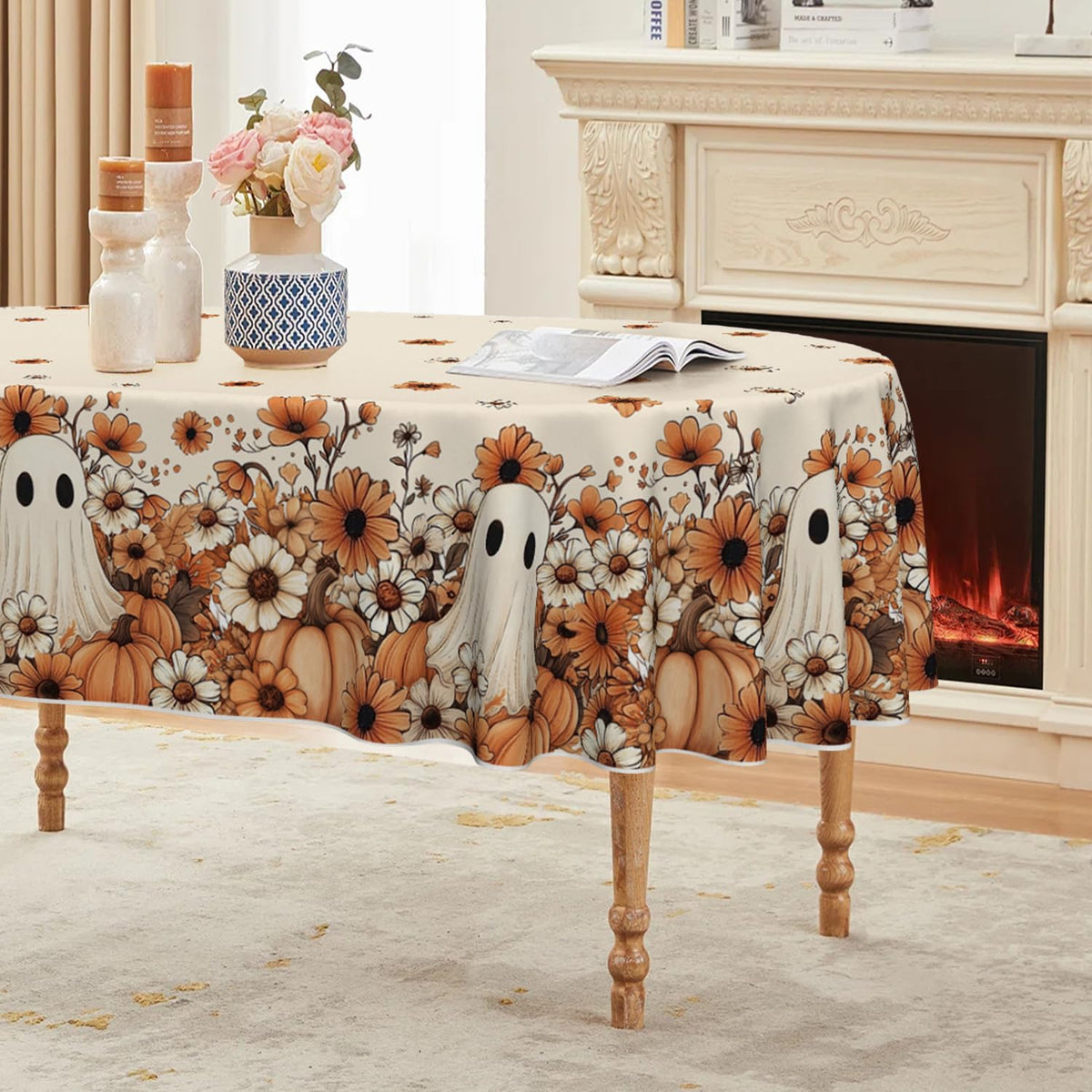 Horaldaily Halloween Tablecloth 60 x 84 Inch Rectangular Ghost Flower