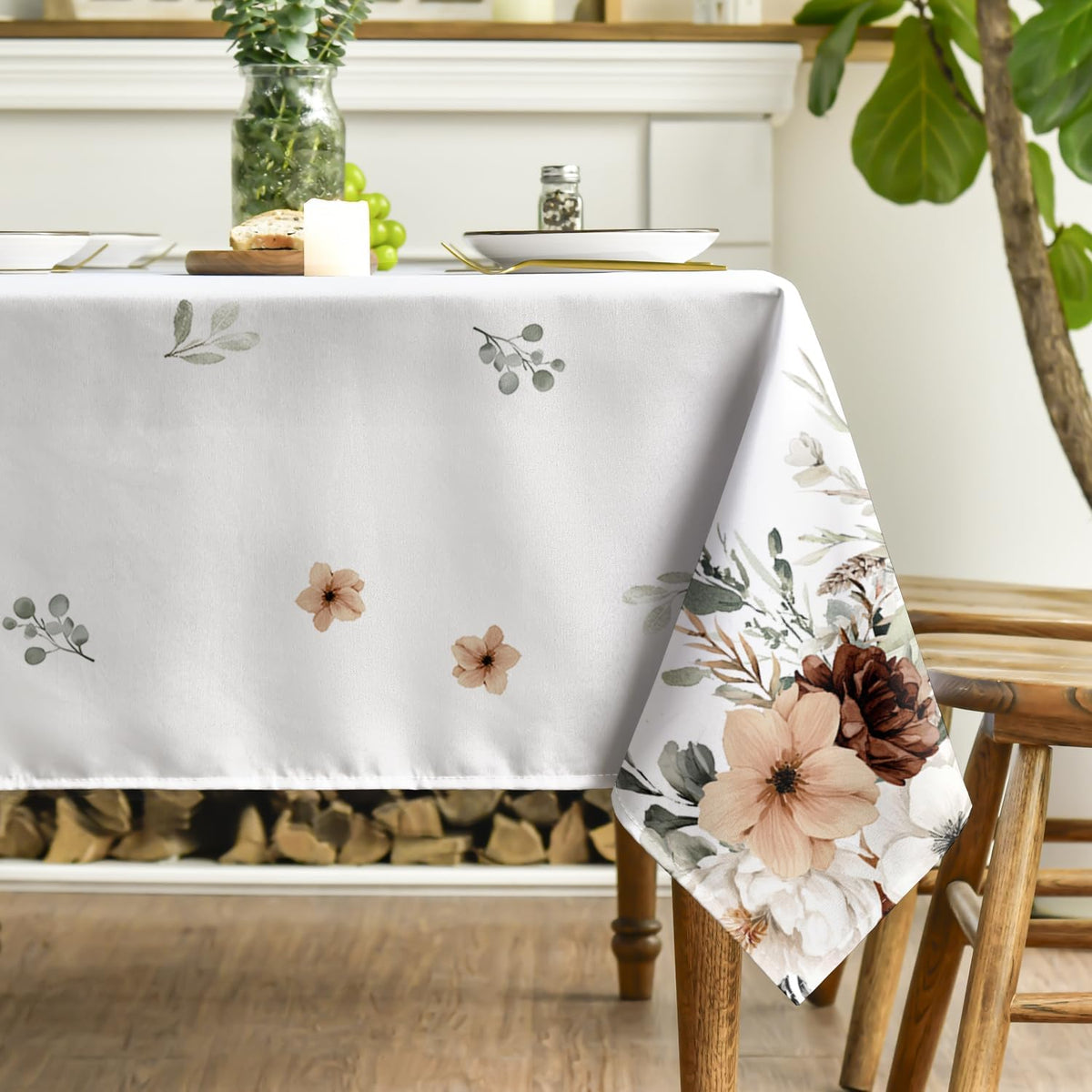 Horaldaily Tablecloth 60×84 Inch Rectangle, Peony Poppy Flower Brown