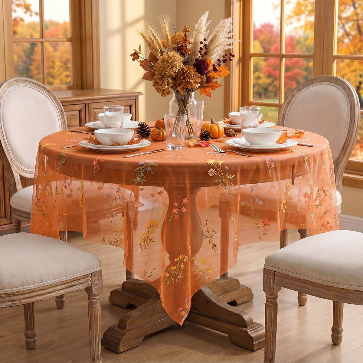 Horaldaily Embroidery Fall Caramel Tablecloth 60×84 Inch Rectangular