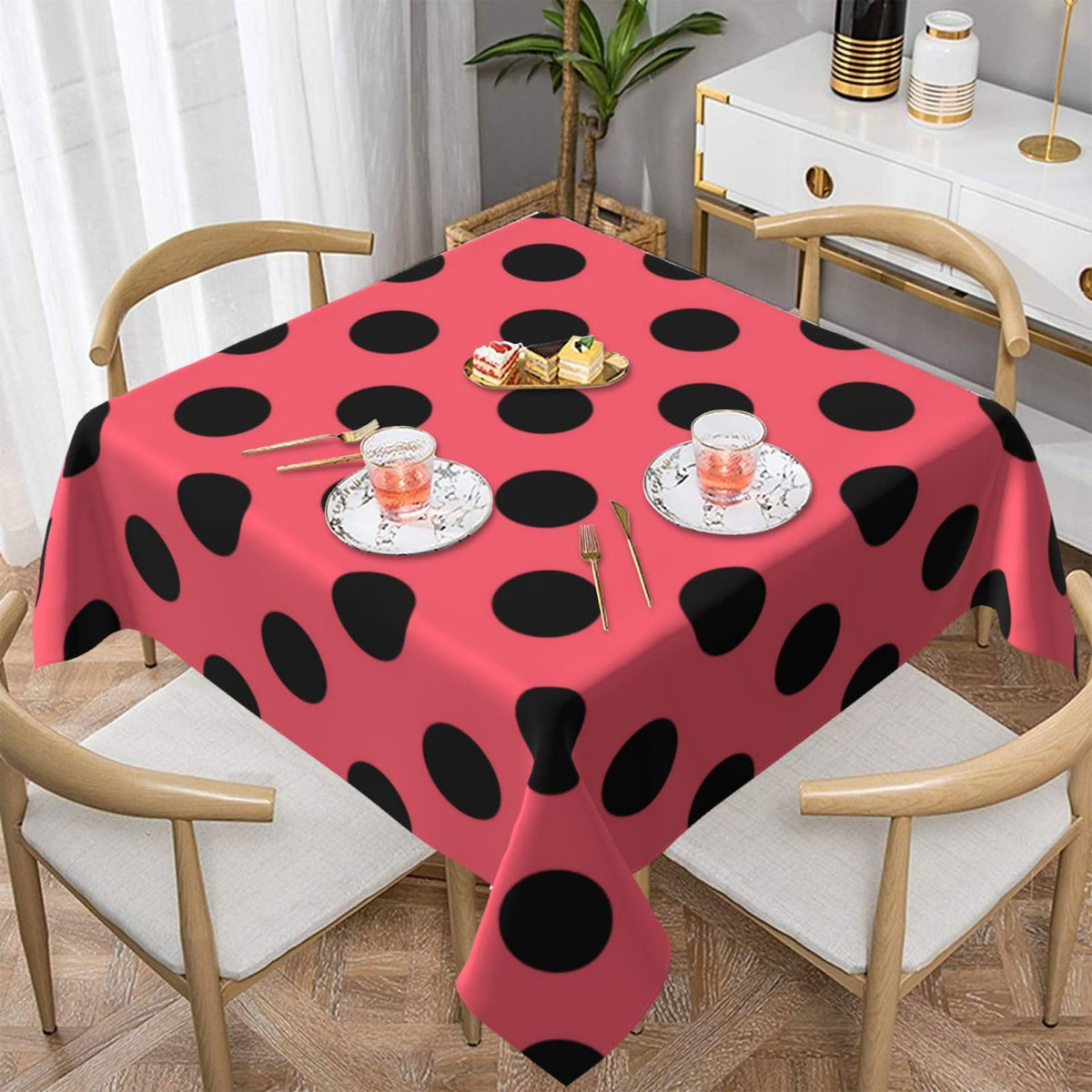 Square Tablecloth Black Polka Dots on Red Table Cover Washable Table Cloths for Kitchen Dinning Party Tabletop Modern Decoration 60 x 60inch