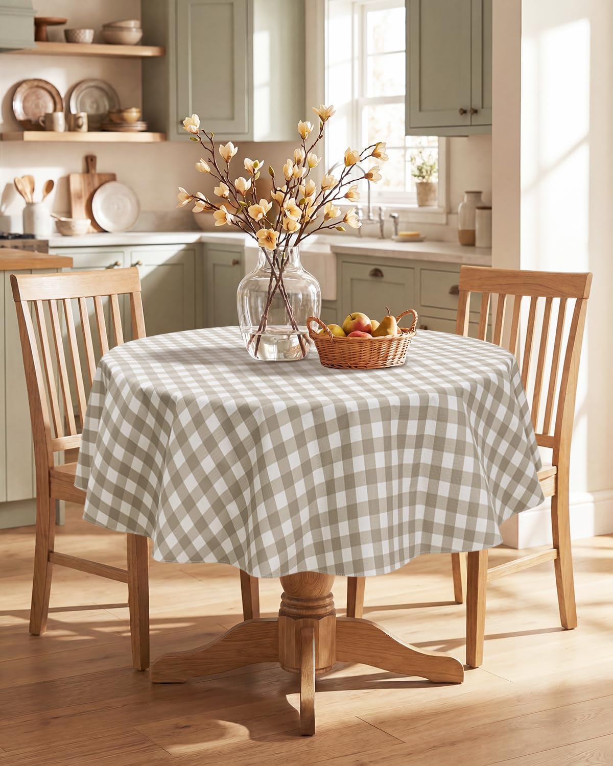 Seenus Khaki Gingham Cottage Vinyl Round Tablecloth with Flannel Backing, Waterproof Checkered Table Cloth Wipeable for Farmhouse Kitchen Patio Garden, 60 Inch Circular (Fits 30-48" Tables)