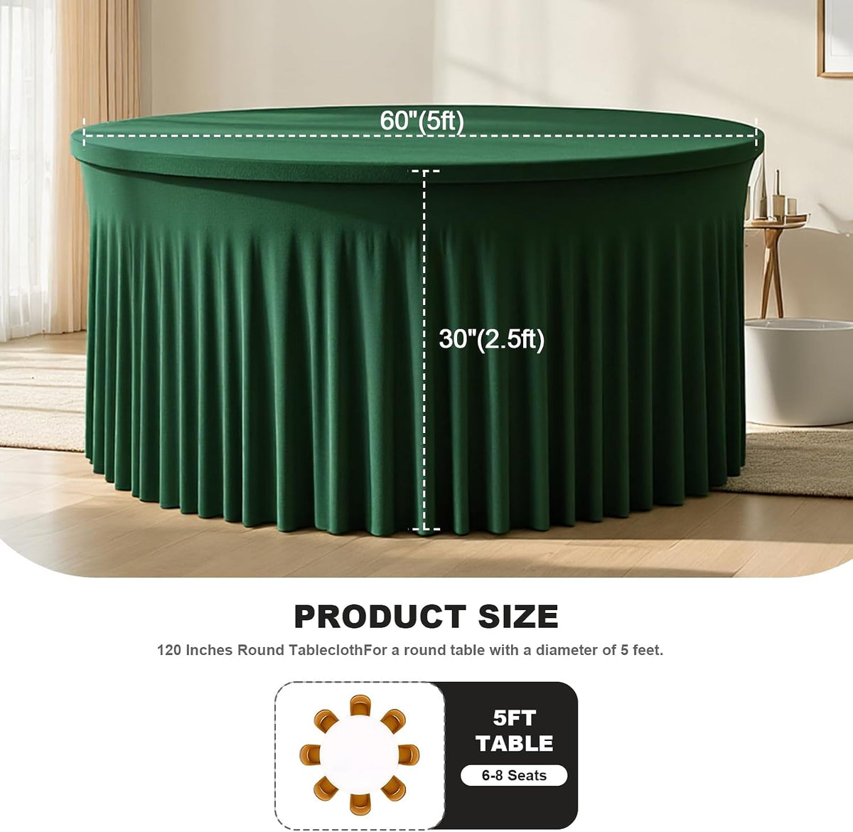60 Inch Dark Green Round Tablecloth - Stretch Spandex Fitted Table Cover with Elastic Skirt Edge, Wrinkle-Free & Reusable for 5FT Tables Wedding Banquet Party Birthday Buffet