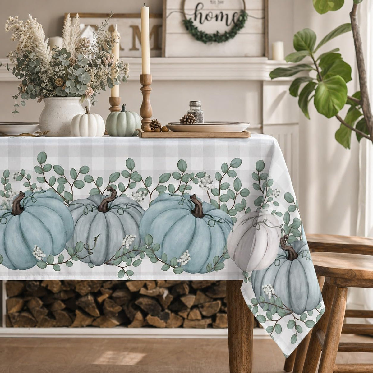 Horaldaily Fall Tablecloth 60x84 Inch Rectangular, Thanksgiving Autumn Harvest Blue Pumpkin Buffalo Plaid Table Cover for Party Picnic Dinner Decor