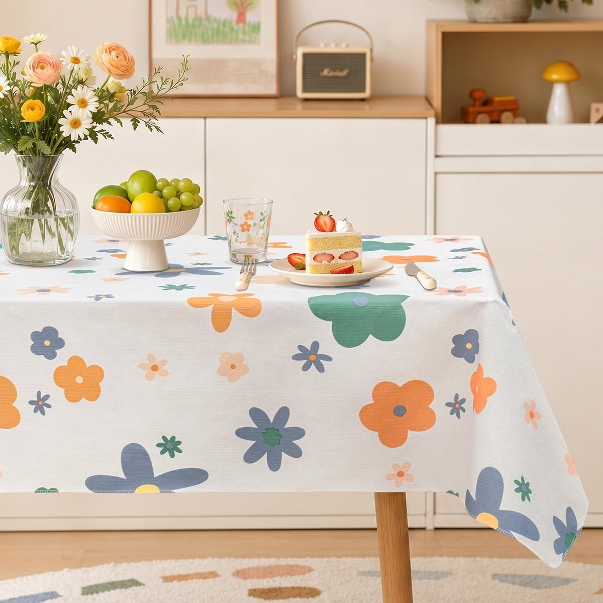 Seenus Khaki Gingham Cottage Vinyl Round Tablecloth with Flannel Backing, Waterproof Checkered Table Cloth Wipeable for Farmhouse Kitchen Patio Garden, 60 Inch Circular (Fits 30-48" Tables)