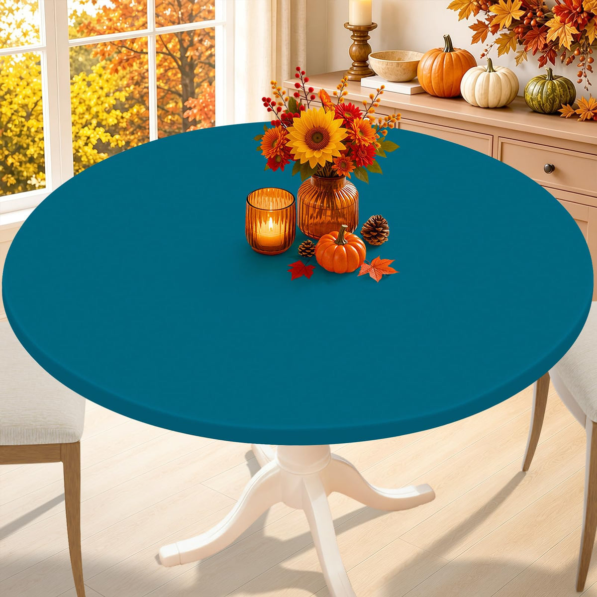 Smiry Thanksgiving Round Spandex Tablecloth, Fitted Cover for 36"-44" Table