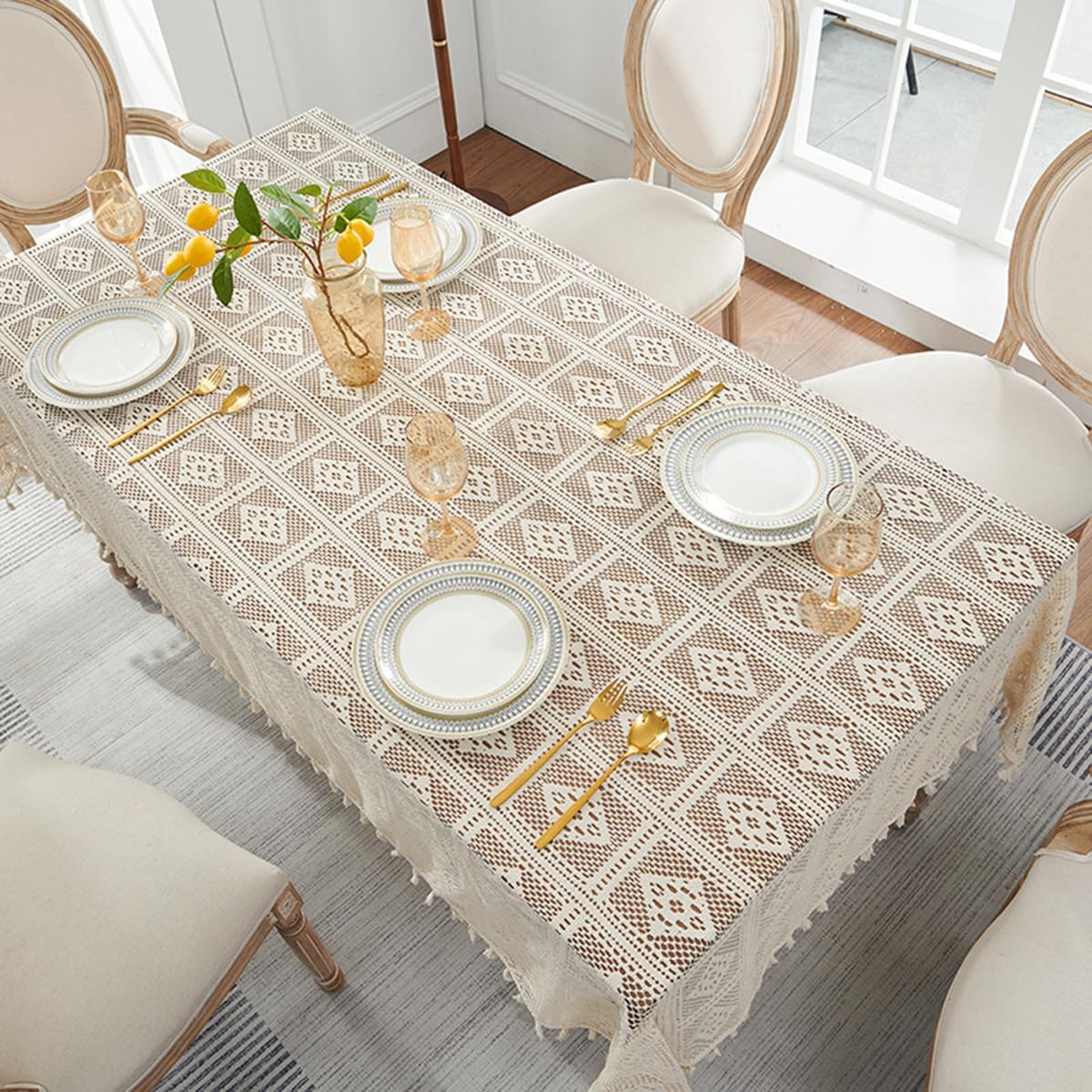 Bohemian Cotton Linen Tablecloth, Beige, 60"x70"