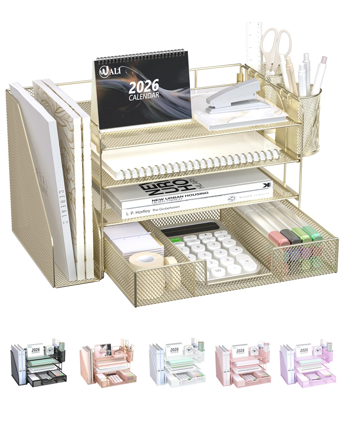 WALI Desk File Organizer, 4 Tier Desktop Paper Letter Tray Organizer with Drawer and 2 Pen Holders, Office Desk Accessories & Workspace Organizers for Office, Home Supplies(DO005DH-P), 1 Pack, Pink