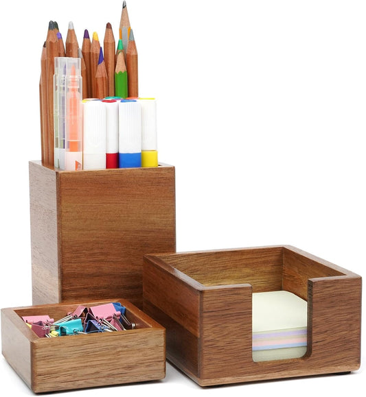 RAWILL 3 PCS Brown Wooden Desk Organizer Set Pine Wood Office Desk Accessories with Pen Holder, Paperclip Storage and Sticky Note Holder, Wood Grain Clear, Ideal Gift for Office and Family