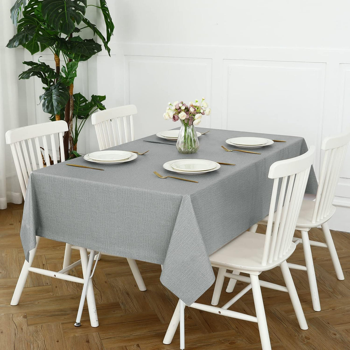 Romanstile Waterproof Vinyl Tablecloth Rectangle, 54 x 78 Inch, Light Grey