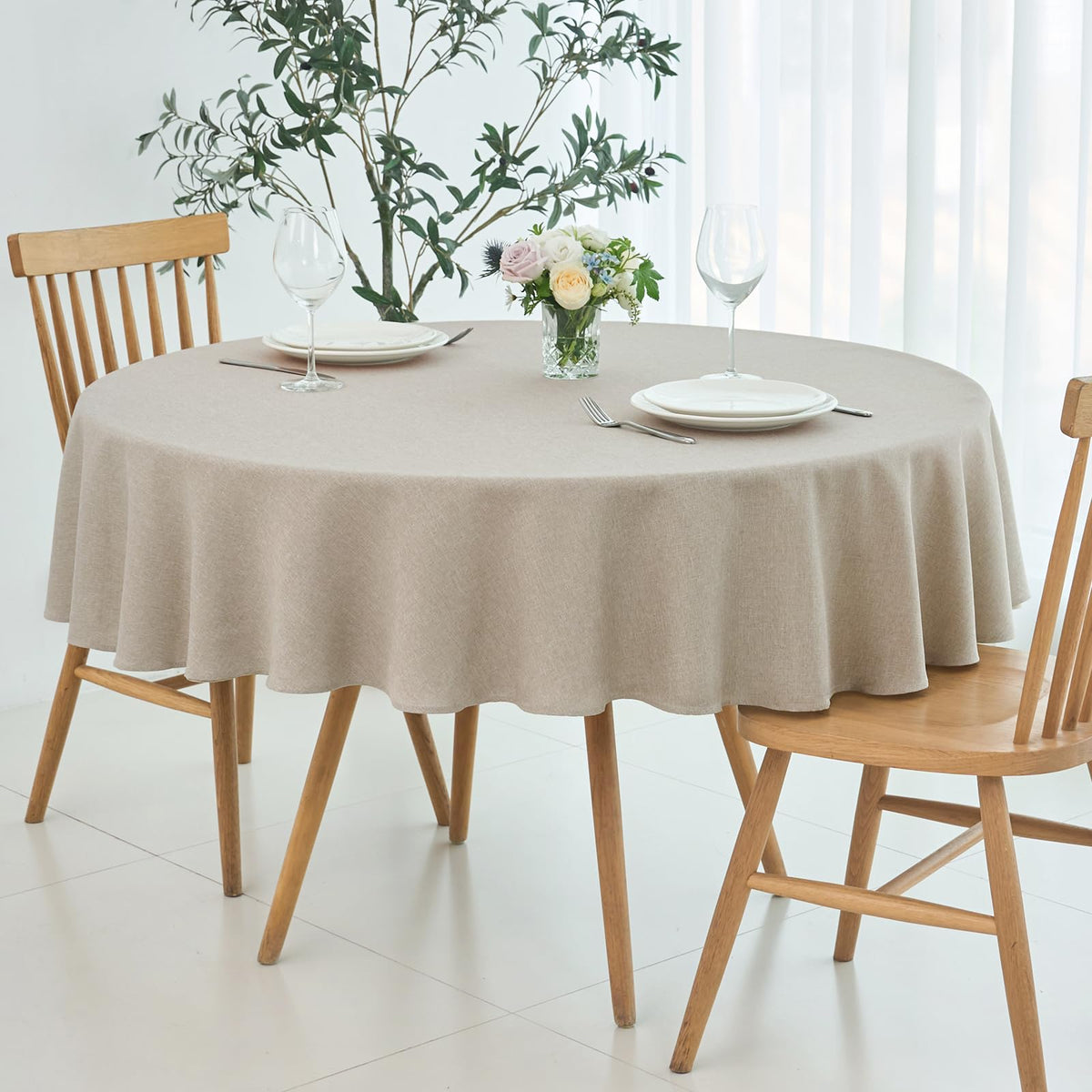 maxmill Rectangle Linen Textured Tablecloth Waterproof Spillproof Wrinkle Free Washable Fabric Table Cloth Kitchen Dining Tabletop Decoration Table Cover for Holiday Dinner Party, 52 x 70 Inch, Linen