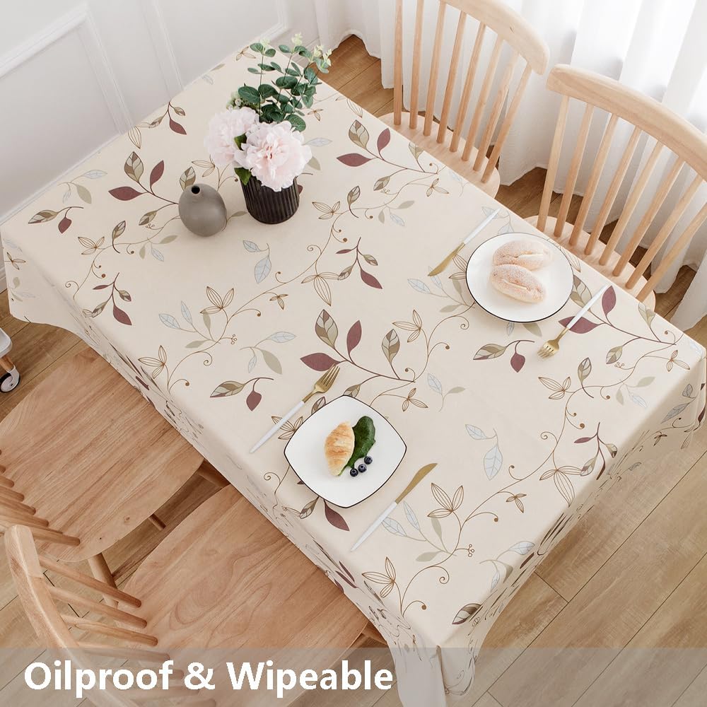 TruDelve Heavy Duty Vinyl Tablecloth Beige Plastic Table Cloth Waterproof Wipeable Oilcloth Tablecloths for Rectangle Tables (54'' x 72'', Leaves)