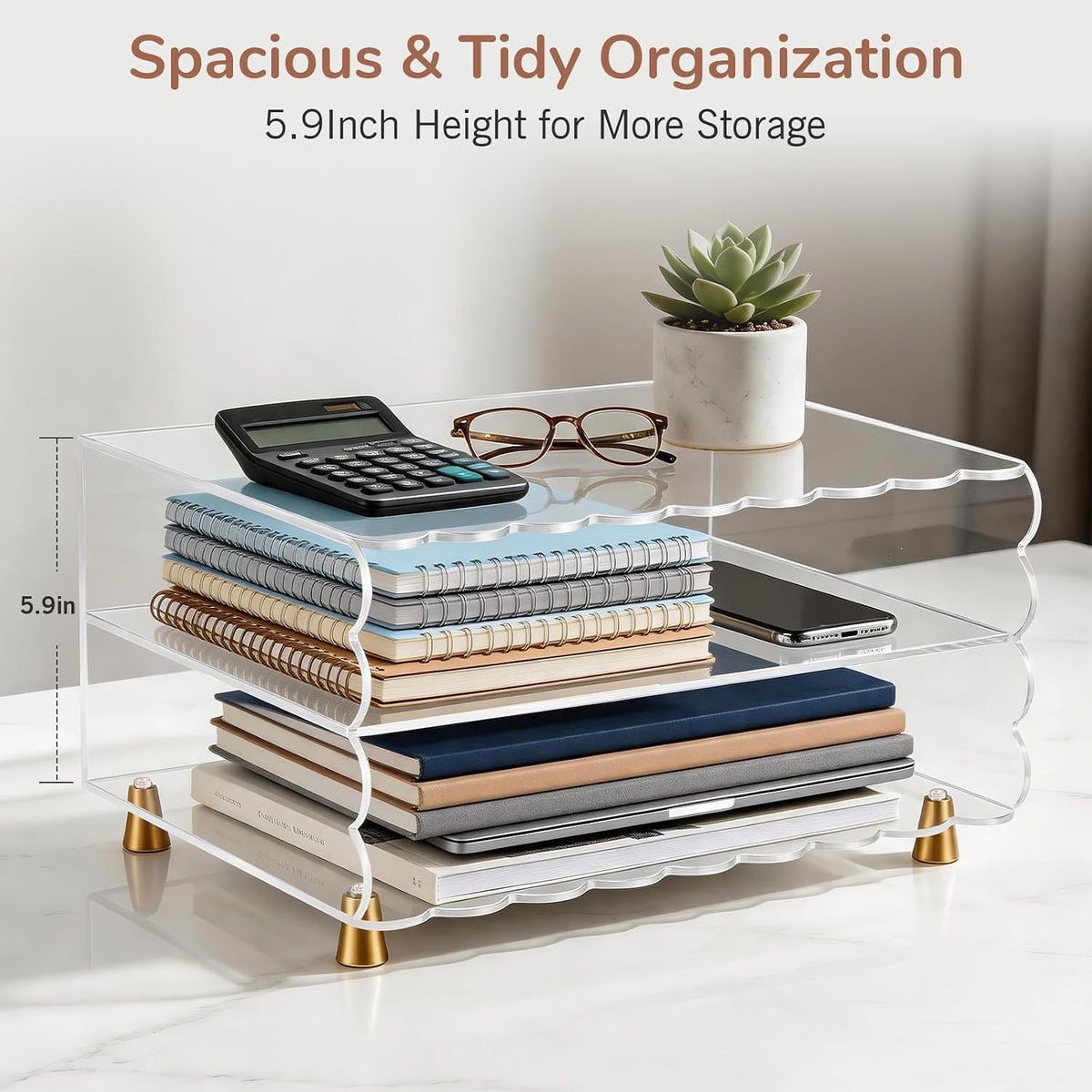 2+1 Tier Paper Letter Tray,Acrylic Desk Organizer with Scalloped Edge& Gold Metal Feet,Top Display Design,Space Saving Clear Organizer for Women, A4 File, Letter, Books,Notes,Home & Office