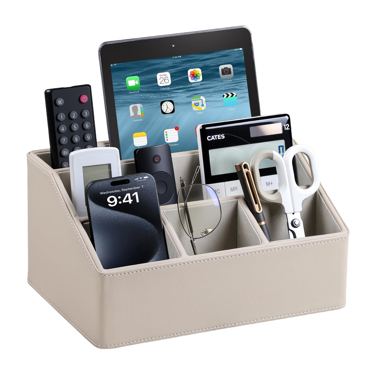 PU Leather Desk Organizer, Remote Control Holder (Brown)