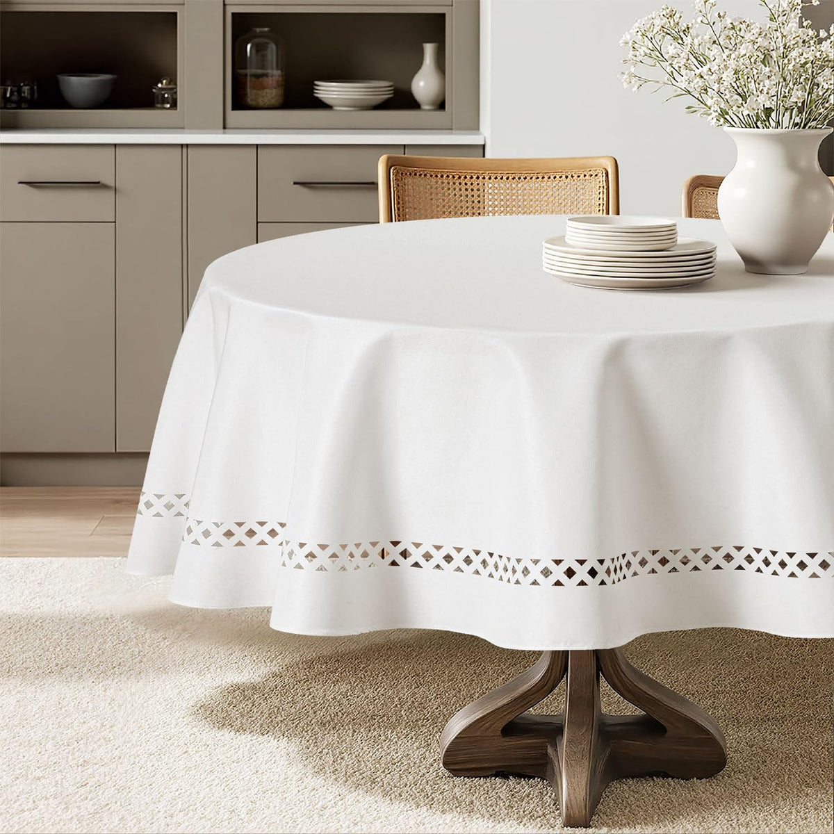 MIULEE Beige Rectangle Tablecloth with Decorative Cutouts 60x84 Inch