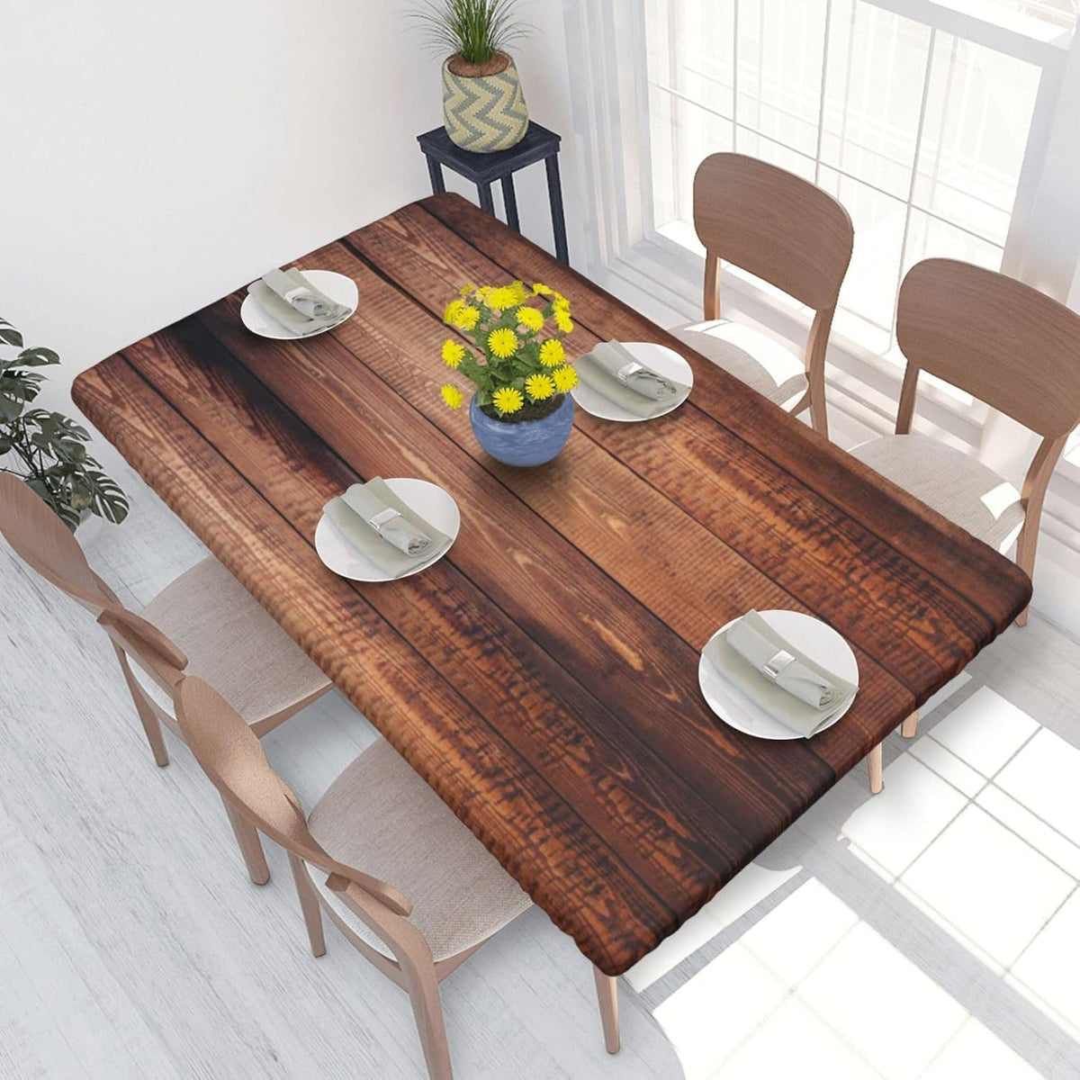 Tablecloth with Elastic Edge Black Brow Wood Grain Board Rectangle Waterproof Oil-Proof Table Cloth Washable Reusable Table Cover for Kitchen Dining, 5FT