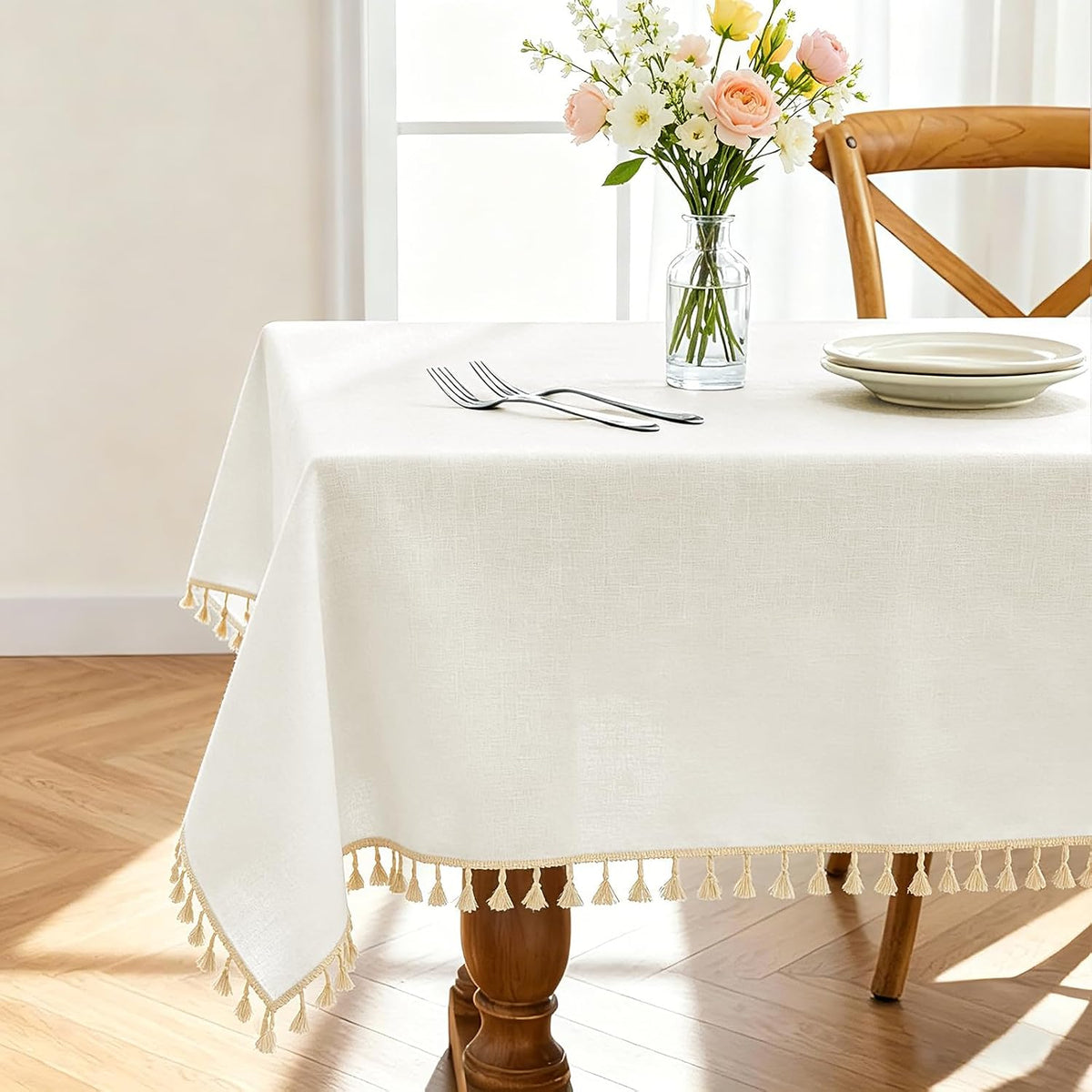 Alsoo Ivory Tablecloth Rectangle Linen Cotton Texture, Waterproof Heavy Duty Farmhouse Wrinkle Free Table Cloth with Tassel for Kitchen Dining Holiday Party, 55" x 75"
