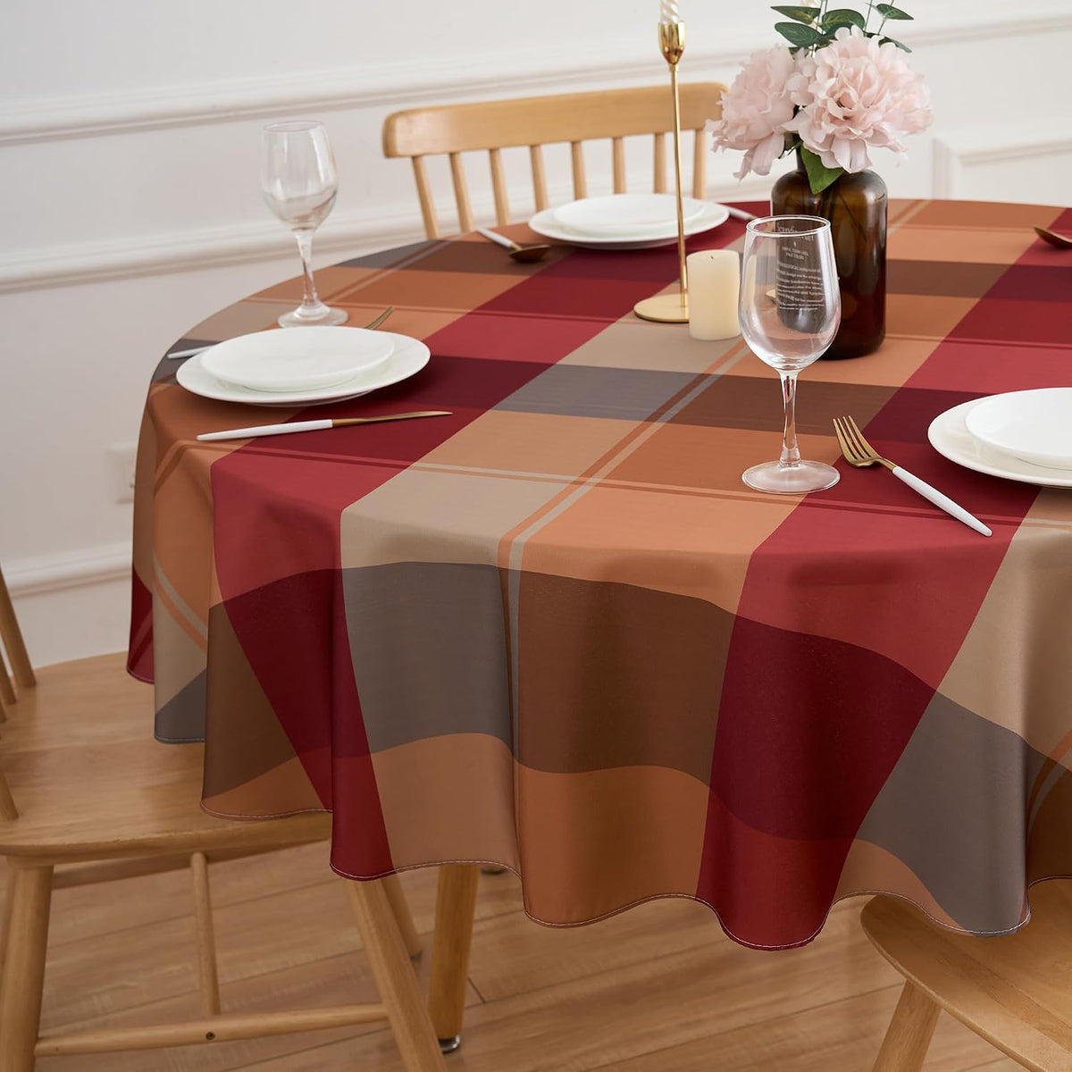 Round Tablecloth 70 Inches Red Brown Buffalo Plaid Winter Table Cloth - Polyester Checkered Gingham Christmas Table Cover Reusable Water Resistant for Fall Thanksgiving Holiday Party Kitchen Dinning